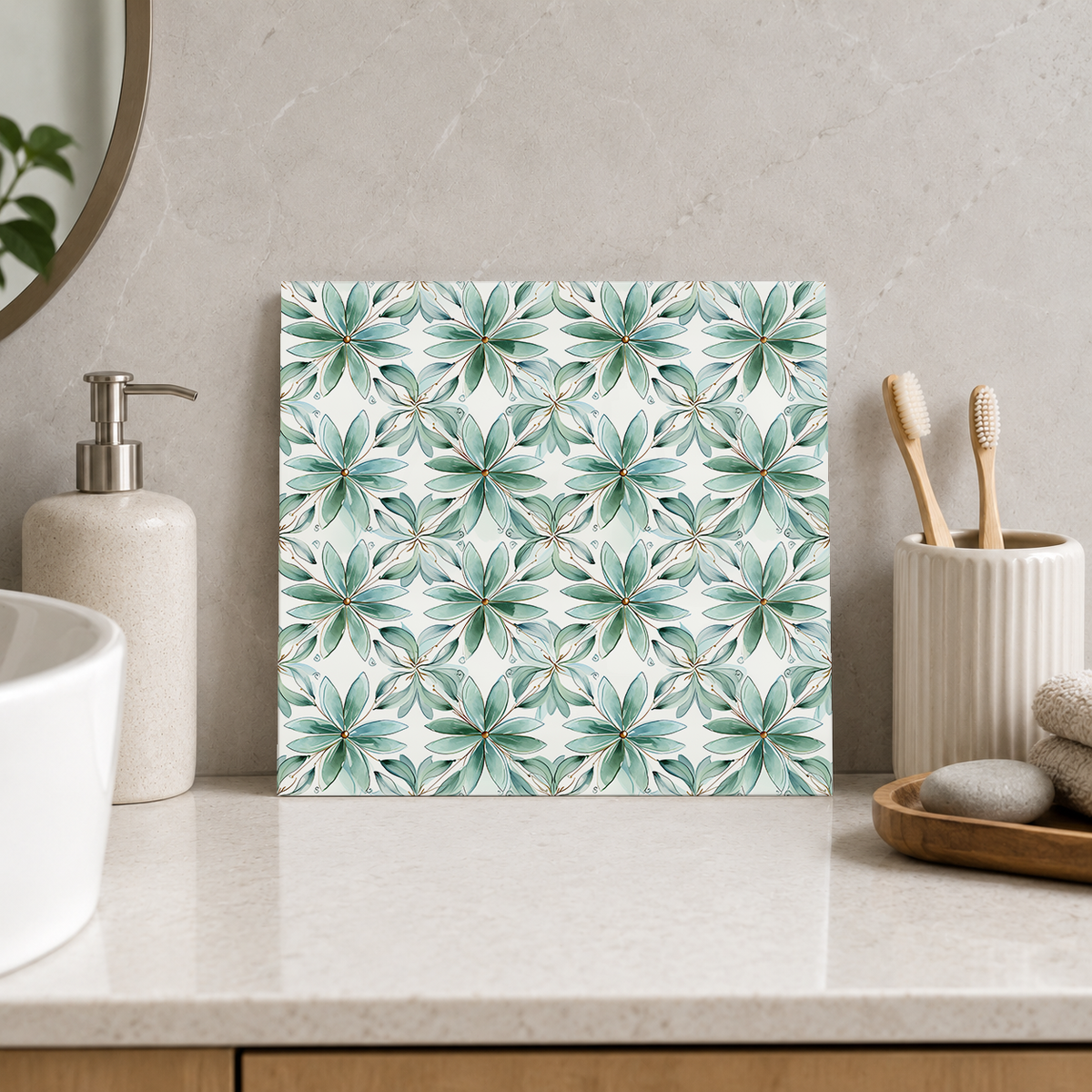 Seafoam Floral Trellis Tile displayed in the bathroom tile mock-up