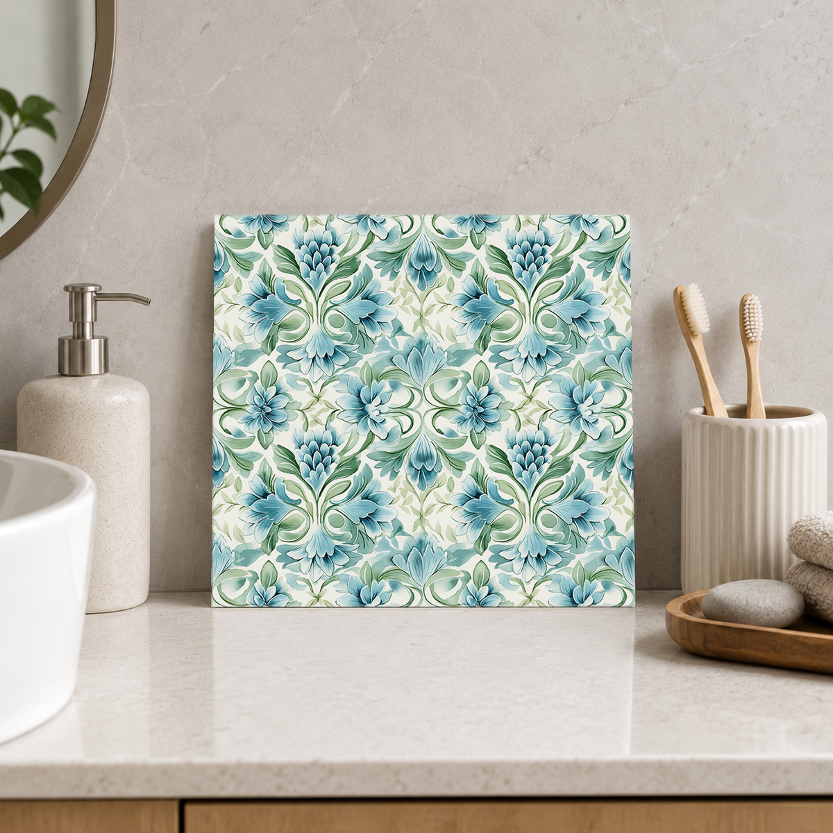 Seafoam Flowers and Acanthus Tile displayed in the bathroom tile mock-up