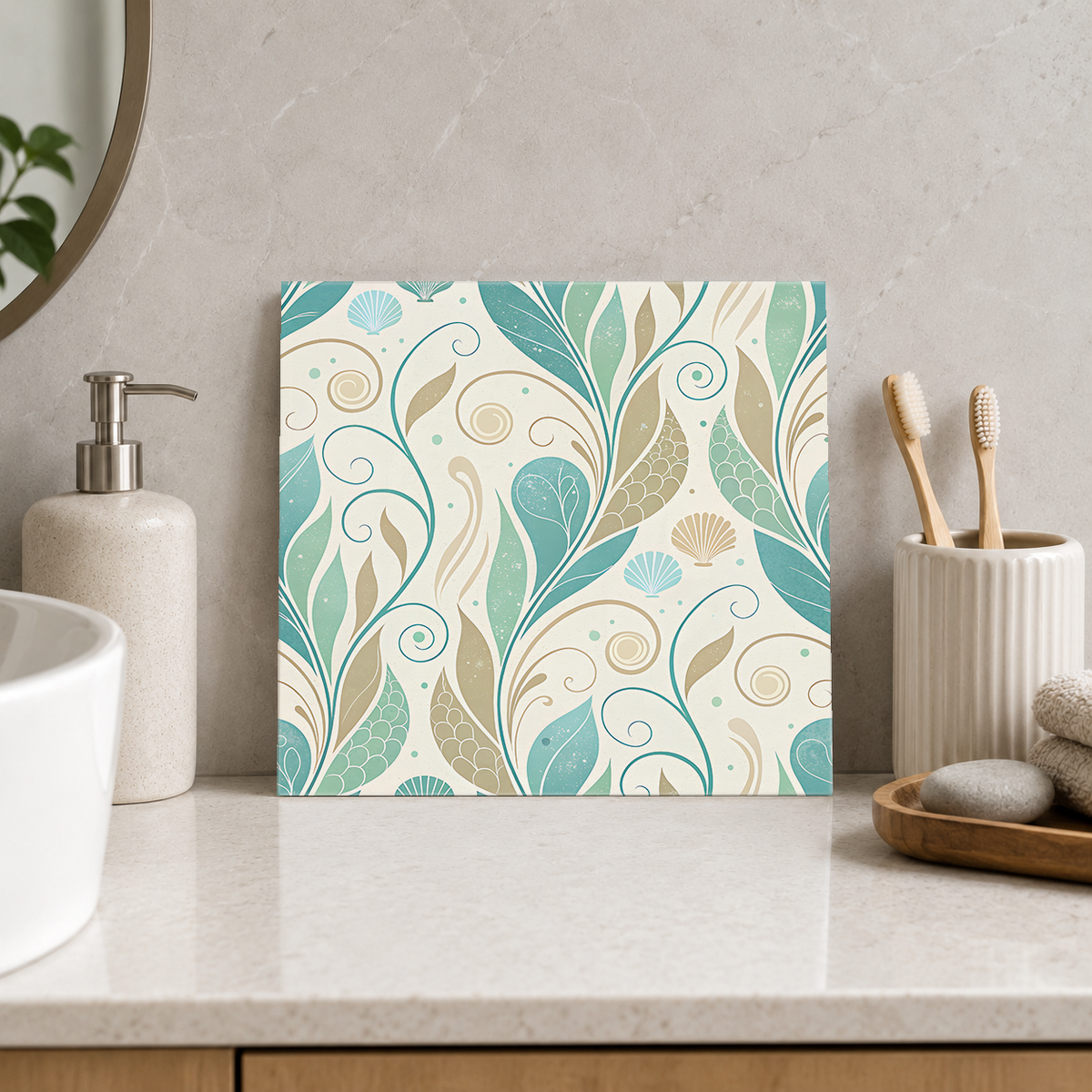 Seafoam Seaweed and Shells Tile displayed in the bathroom tile mock-up