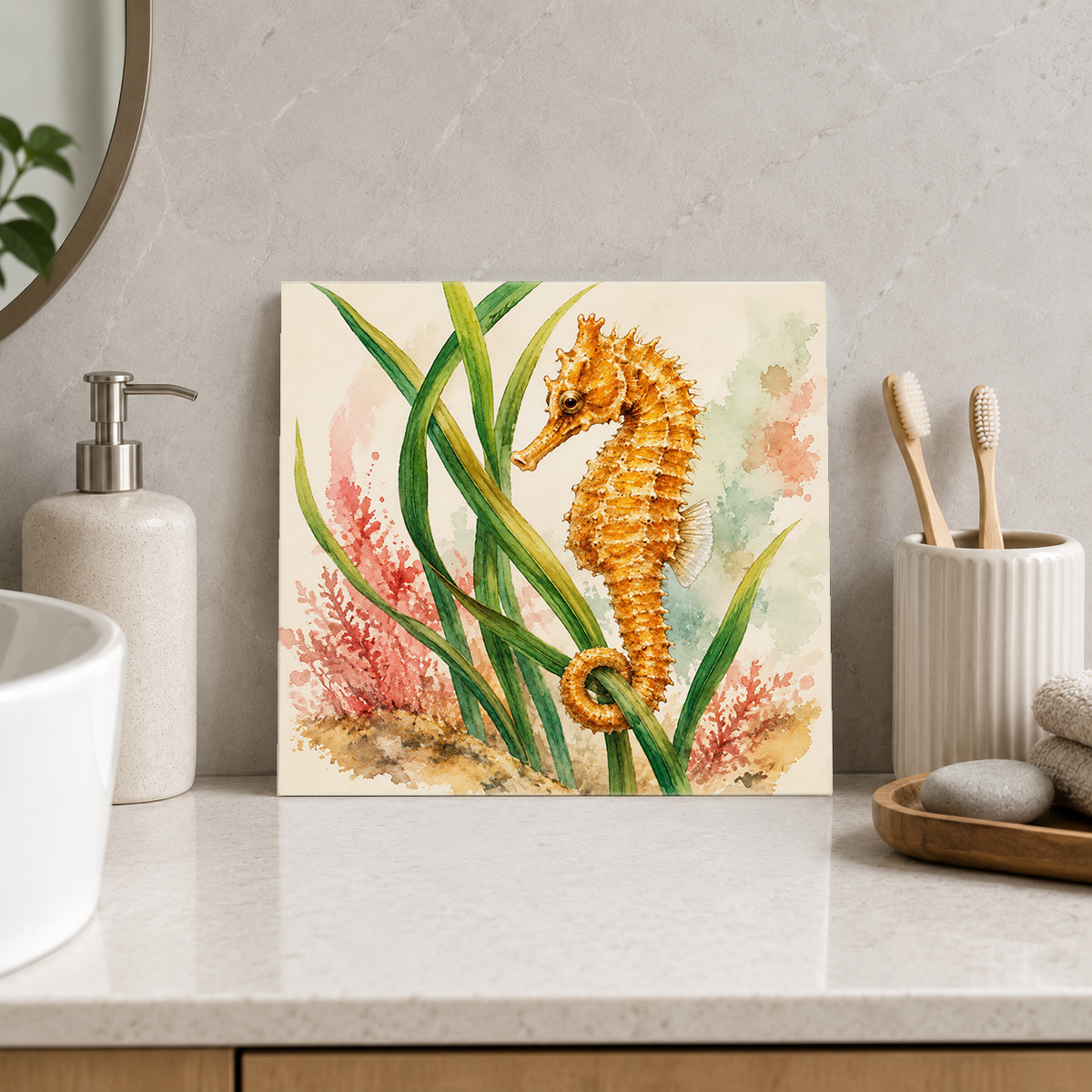 Seahorse ceramic decorative tile in Pop Color, shown in a room mockup