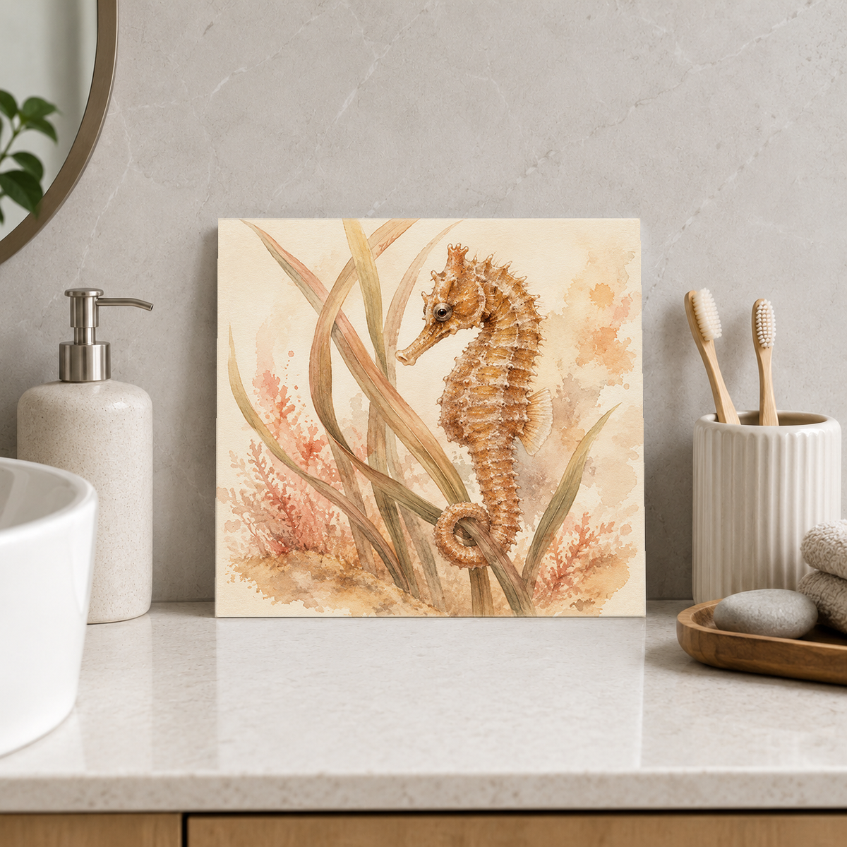 Seahorse ceramic decorative tile in Warm Country, shown in a room mockup