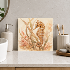 Seahorse ceramic decorative tile in Warm Country, shown in a room mockup