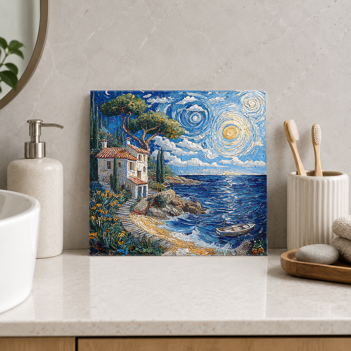 Seaside Cottage with Swirling Sky Tile displayed in the bathroom tile mock-up