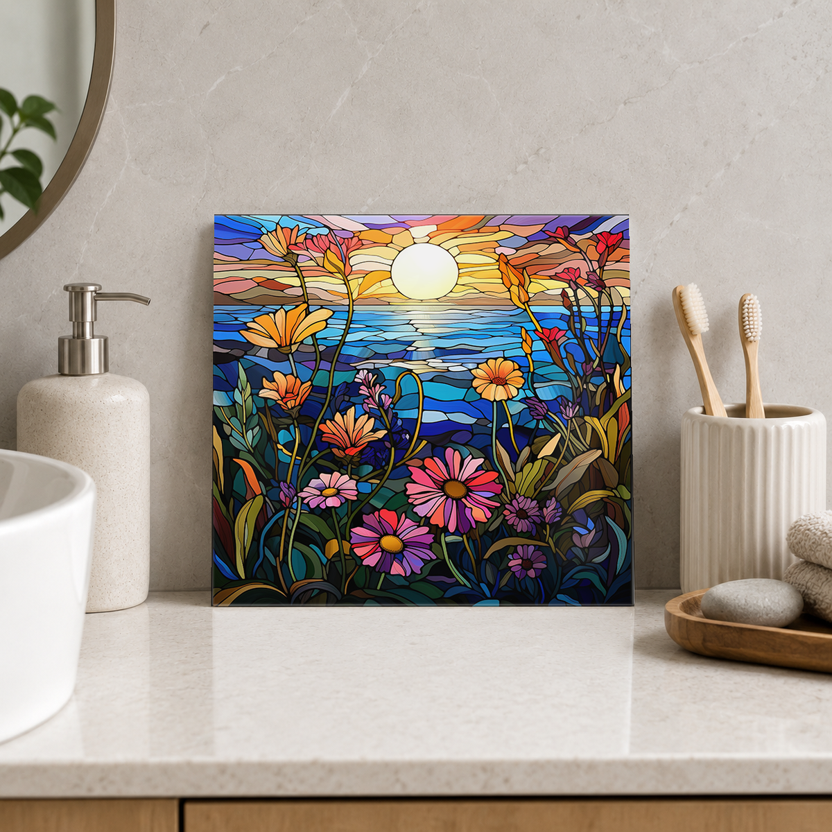 Seaside Wildflowers beneath Golden Sun Tile displayed in the bathroom tile mock-up