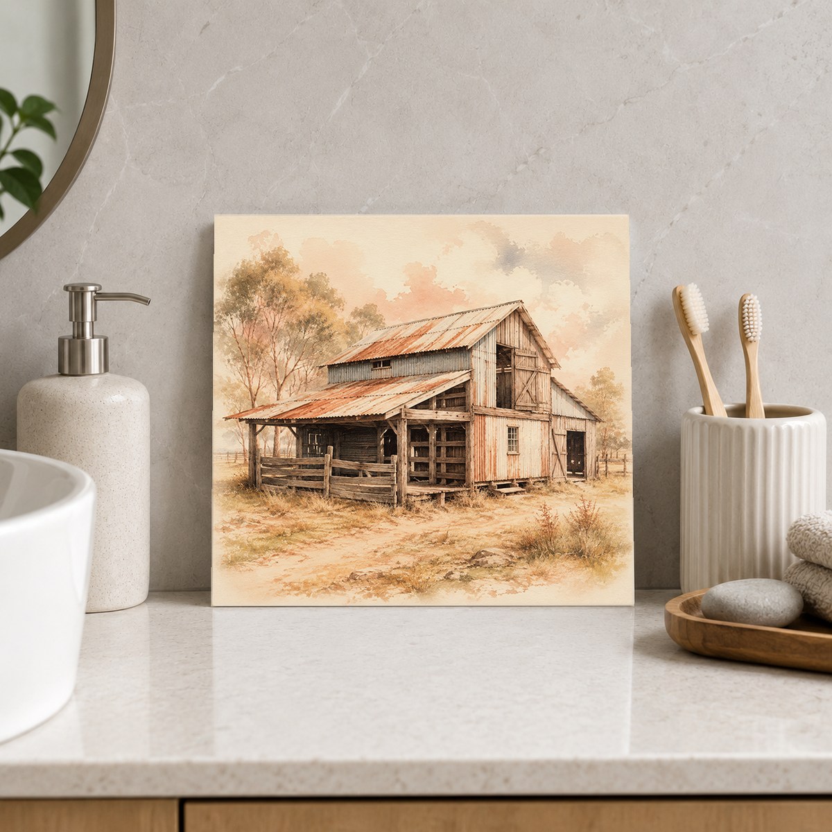 Shearing Shed ceramic decorative tile in Warm Country, shown in a room mockup