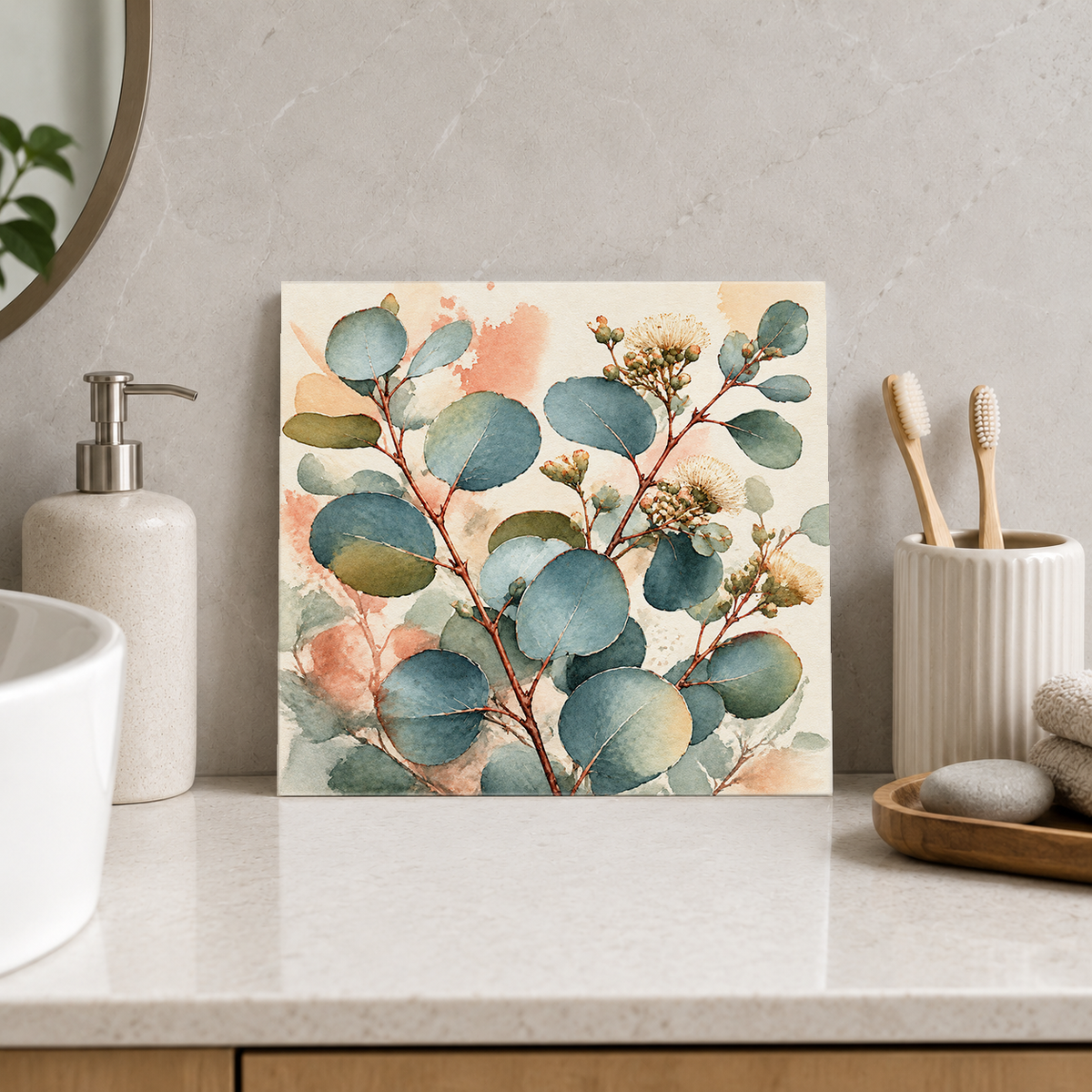 Silver Dollar Eucalyptus ceramic decorative tile in Pop Color, shown in a room mockup