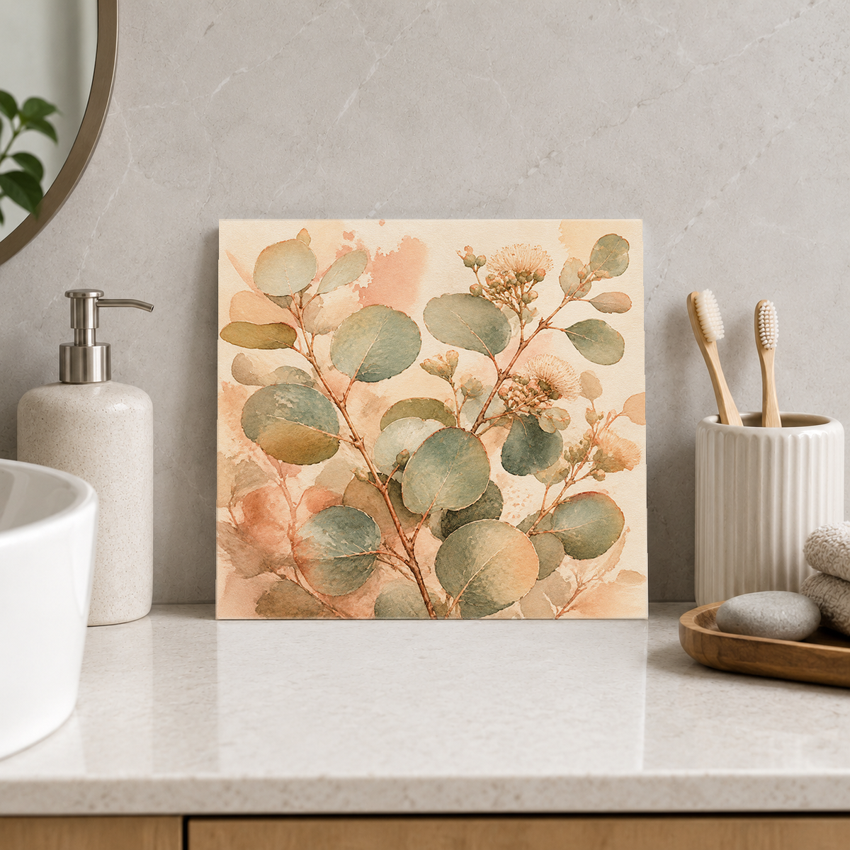 Silver Dollar Eucalyptus ceramic decorative tile in Warm Country, shown in a room mockup