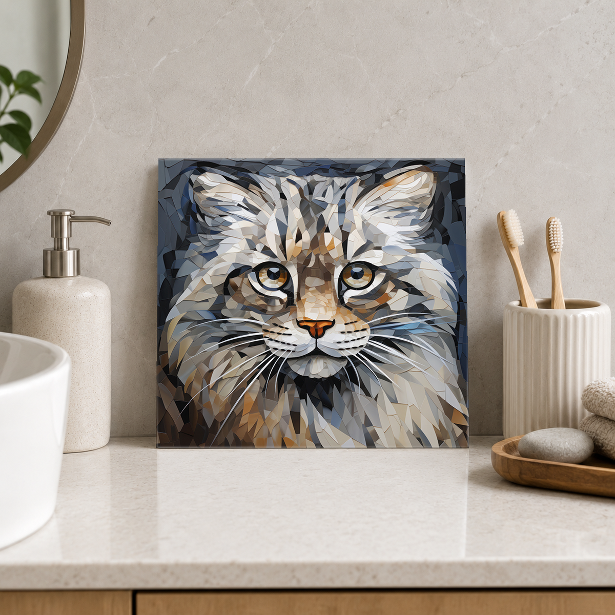Silver Tabby Cat Portrait Tile displayed in the bathroom tile mock-up