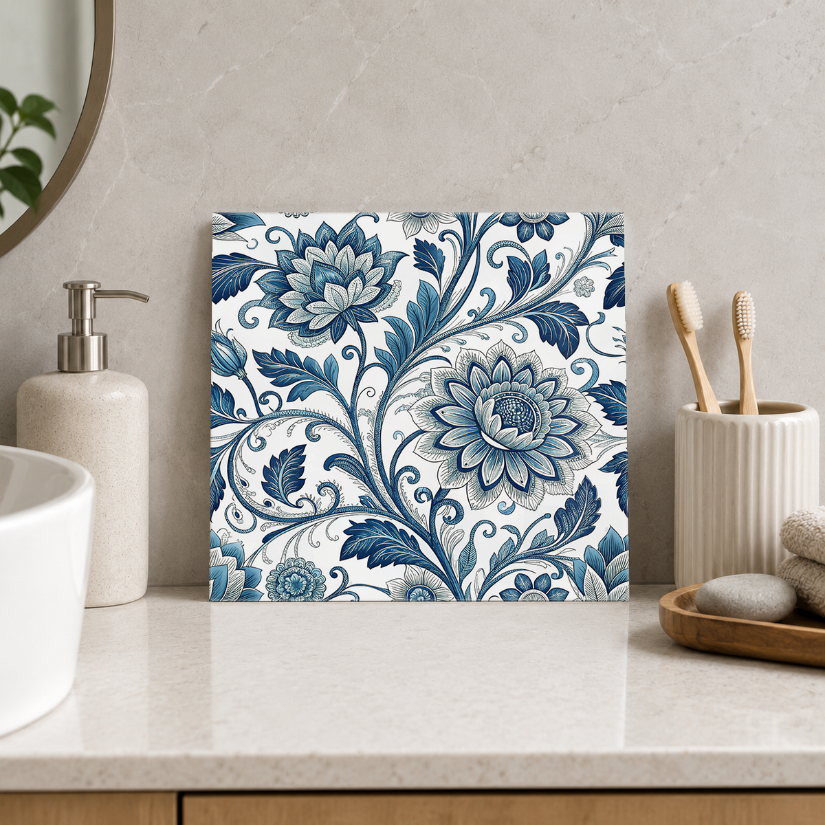 Slate Blue Chrysanthemum Scrolls Tile displayed in the bathroom tile mock-up