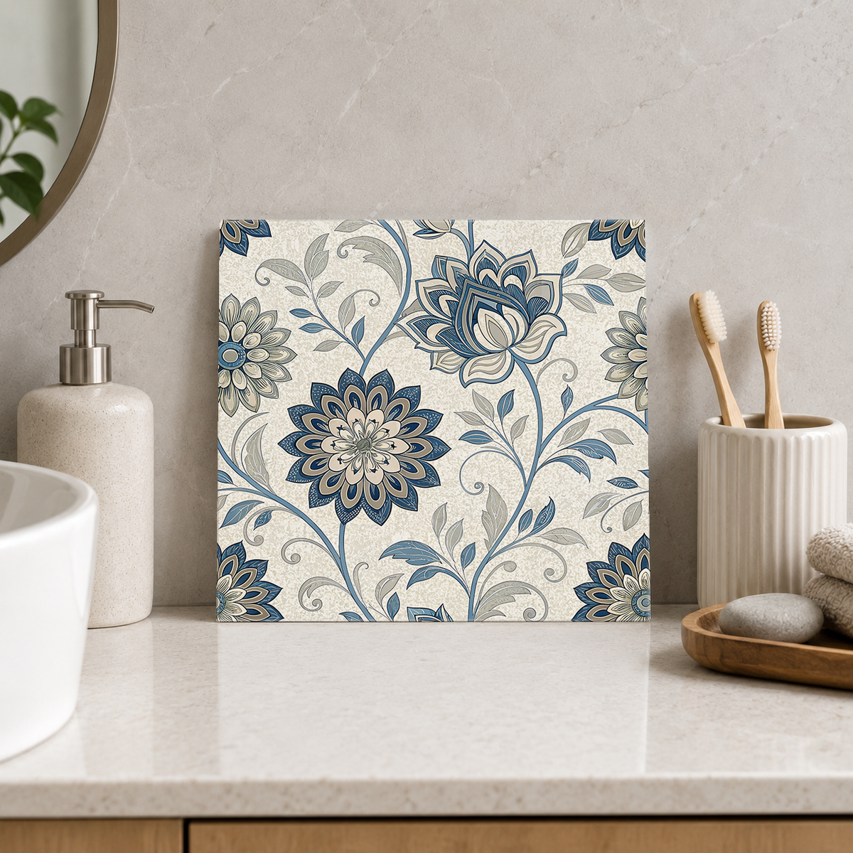 Slate Blue Flowers and Curling Leaves Tile displayed in the bathroom tile mock-up