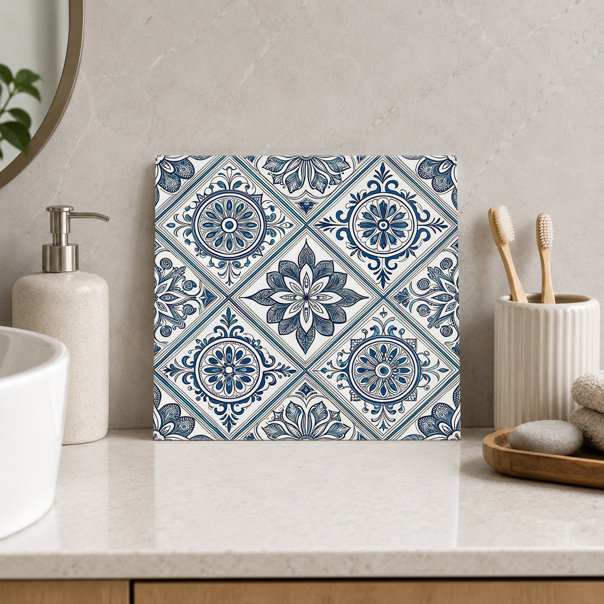 Slate Blue Rosette Diamonds Tile displayed in the bathroom tile mock-up