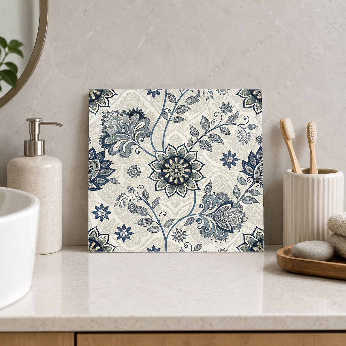 Slate Botanical Paisley Vines Tile displayed in the bathroom tile mock-up