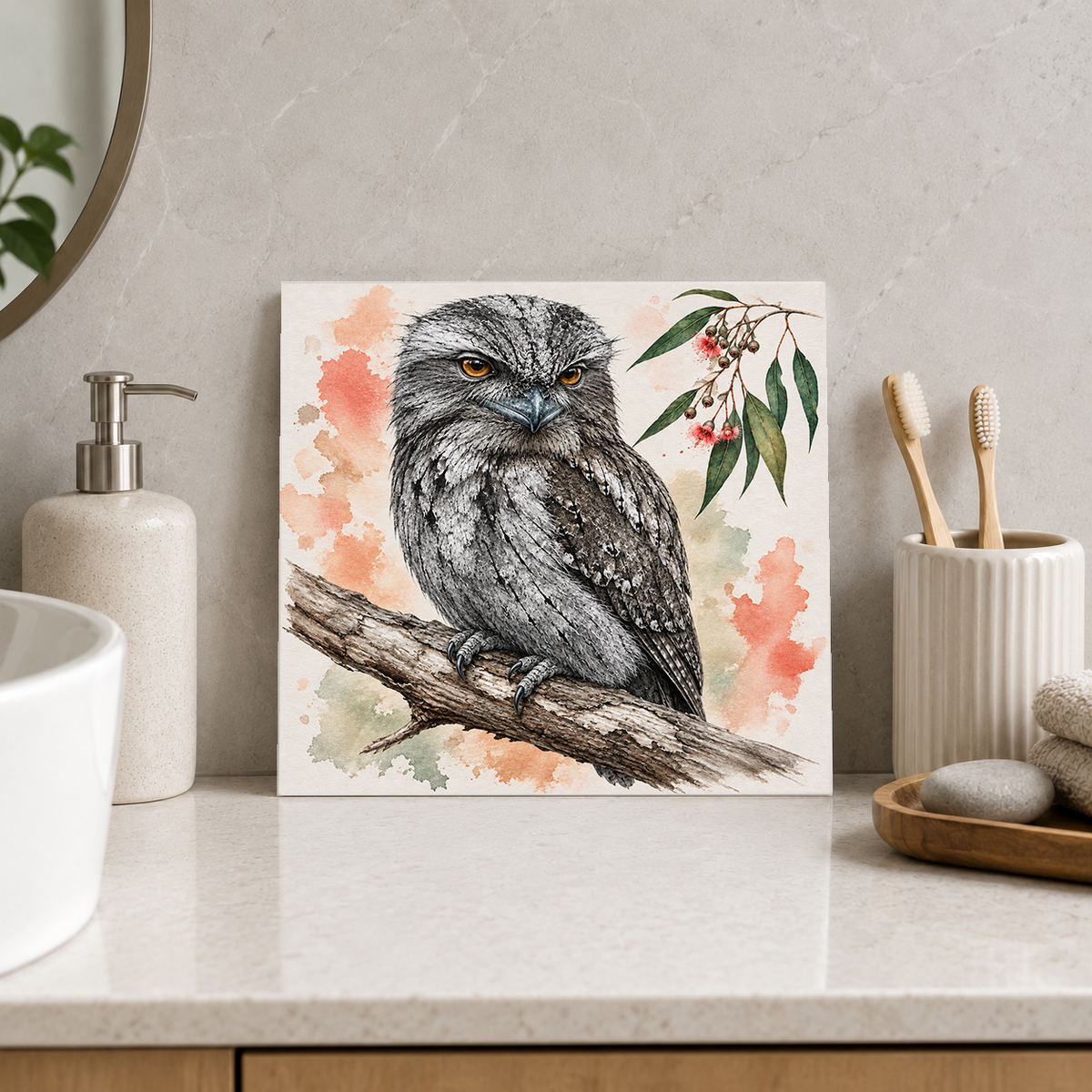 Sleepy Bark Guardian ceramic decorative tile in Pop Color, shown in a room mockup