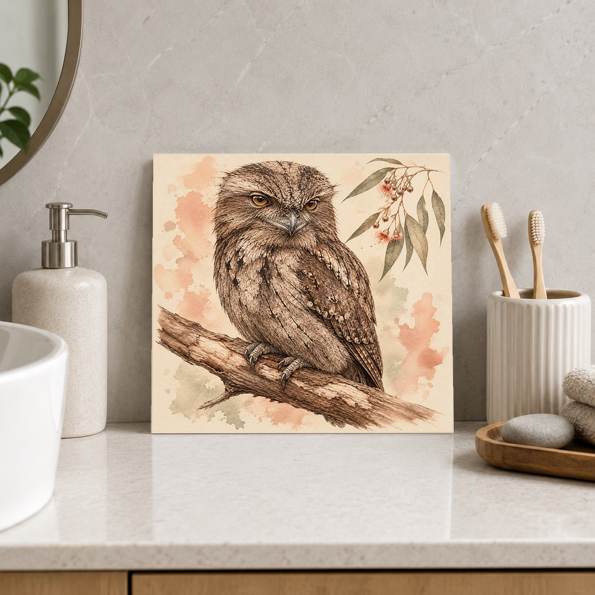Sleepy Bark Guardian ceramic decorative tile in Warm Country, shown in a room mockup