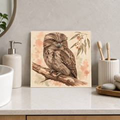 Sleepy Bark Guardian ceramic decorative tile in Warm Country, shown in a room mockup