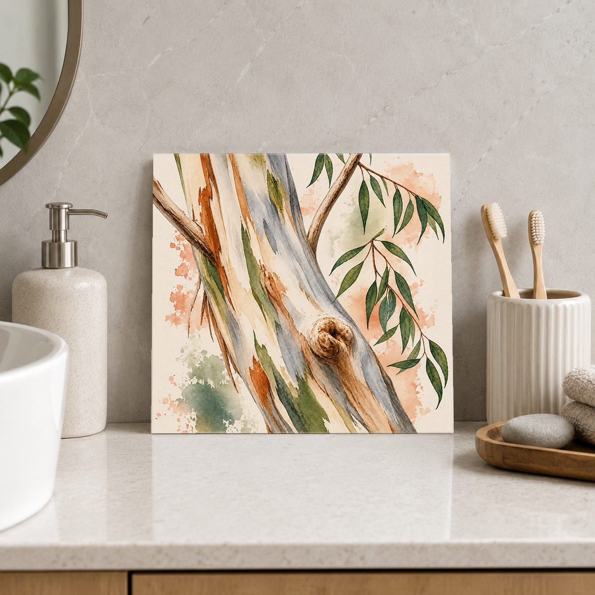 Snow Gum ceramic decorative tile in Pop Color, shown in a room mockup