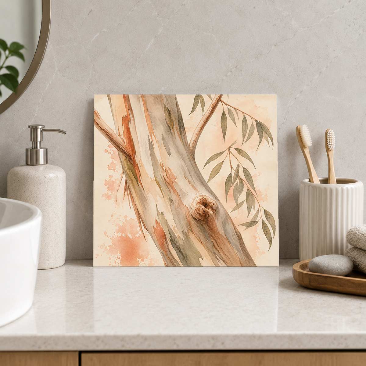 Snow Gum ceramic decorative tile in Warm Country, shown in a room mockup