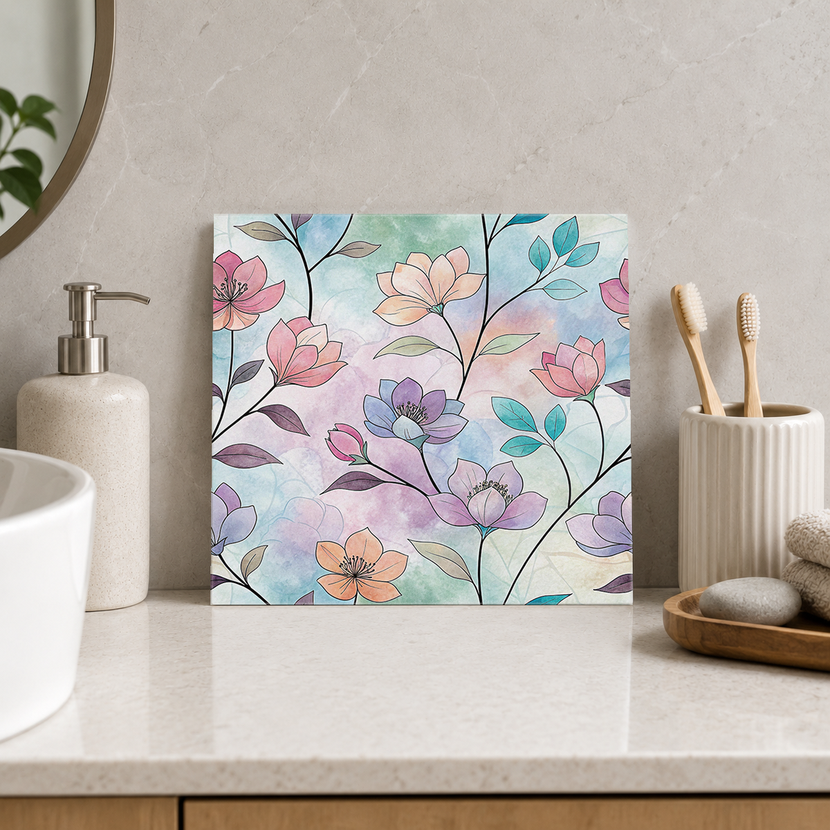 Soft Pastel Flowering Branches Tile displayed in the bathroom tile mock-up