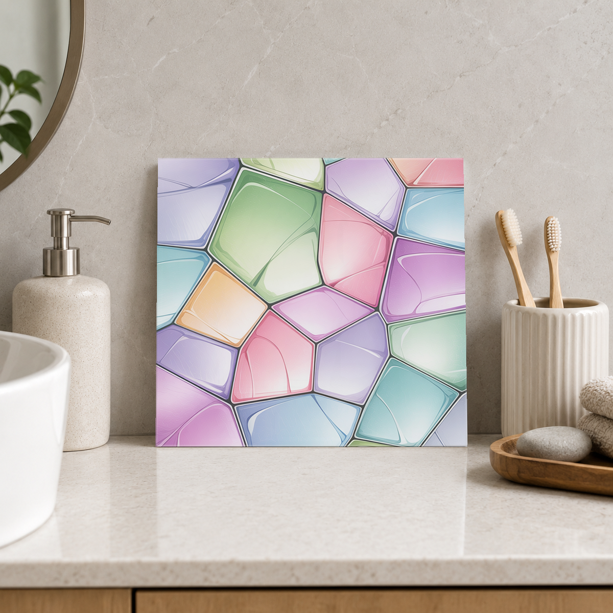 Soft Rainbow Glass Patches Tile displayed in the bathroom tile mock-up
