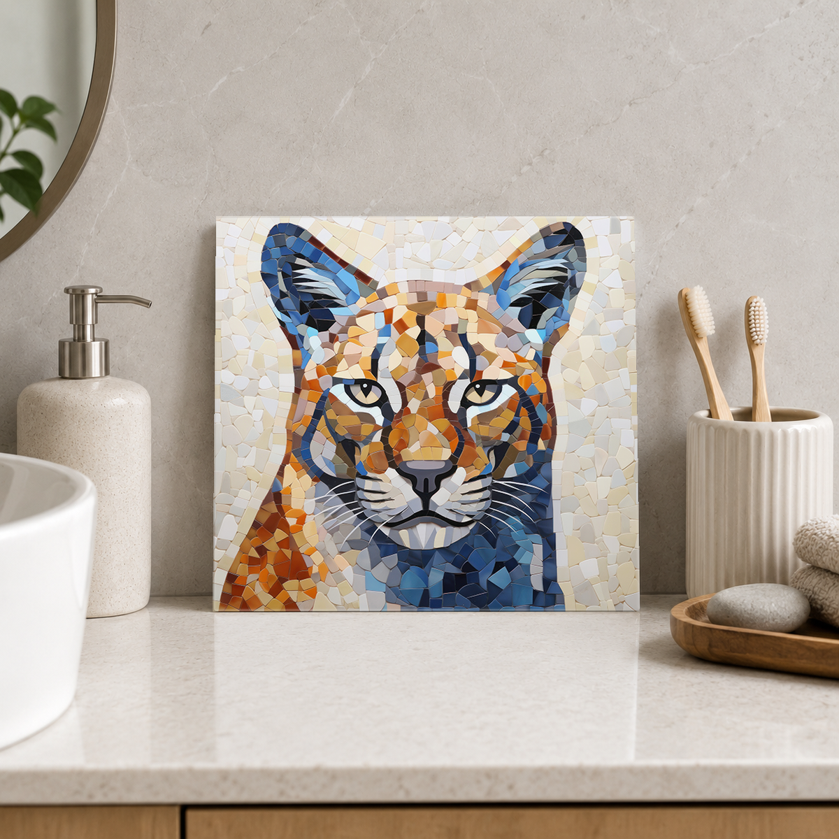 Spotted Wild Cat on Blue Tile displayed in the bathroom tile mock-up