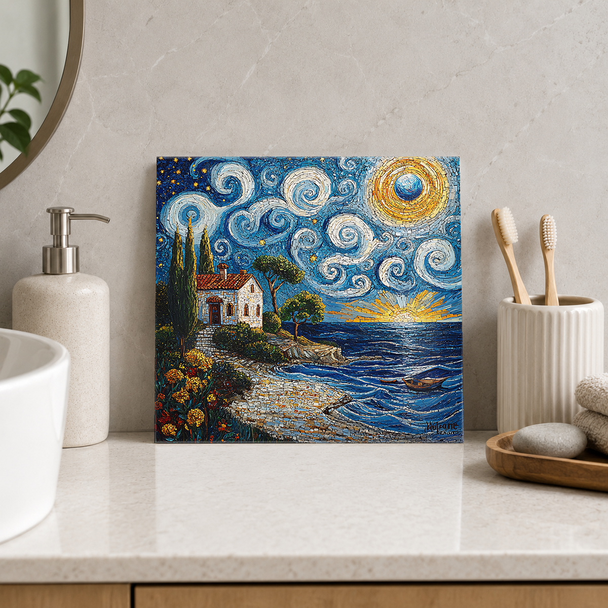Starry Cottage at Sunrise Tile displayed in the bathroom tile mock-up
