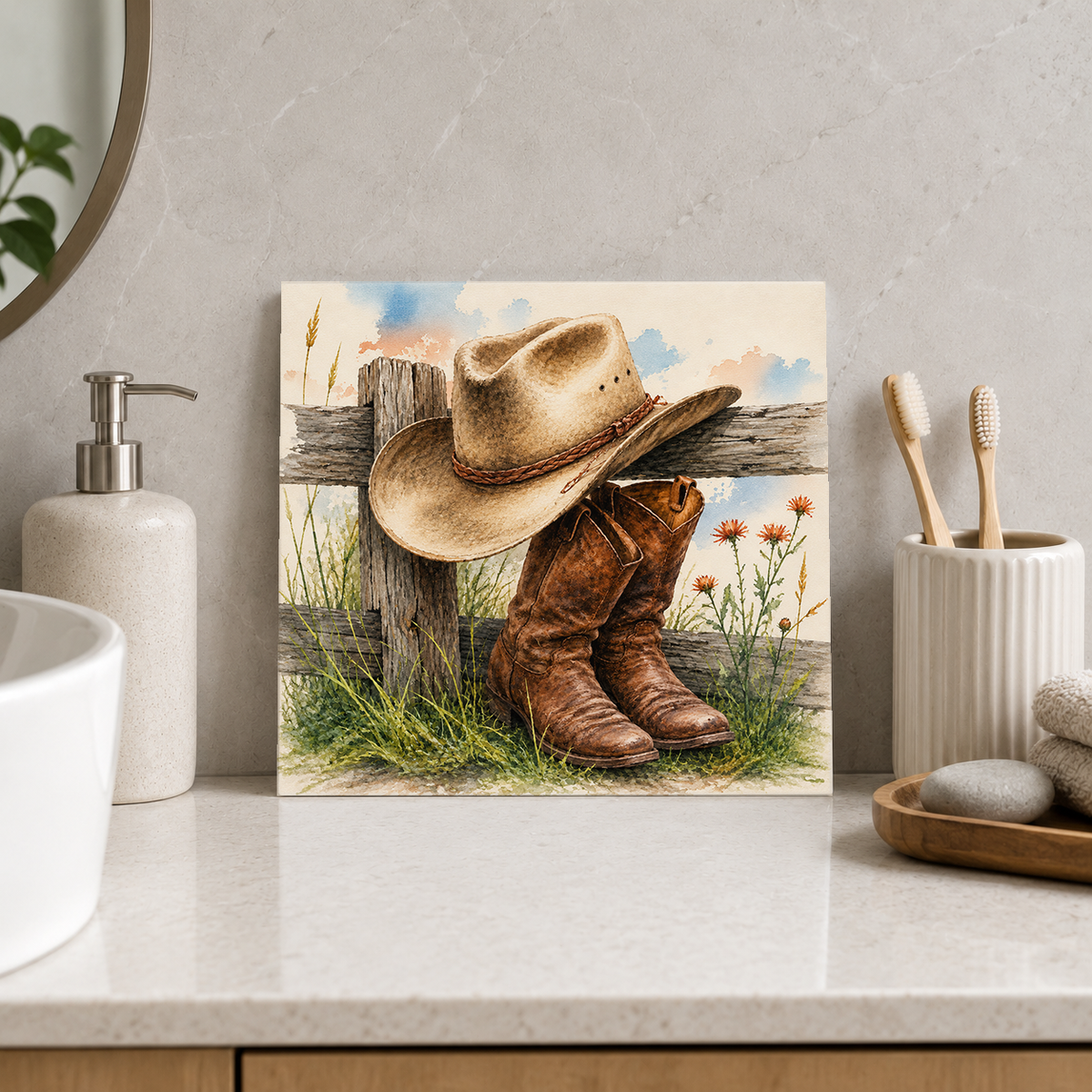 Stockman's Rest ceramic decorative tile in Pop Color, shown in a room mockup