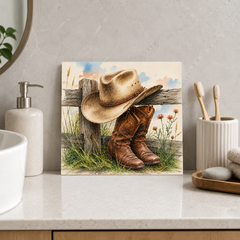 Stockman's Rest ceramic decorative tile in Pop Color, shown in a room mockup