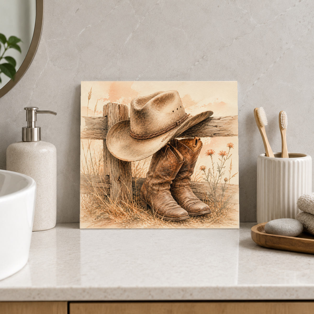 Stockman's Rest ceramic decorative tile in Warm Country, shown in a room mockup