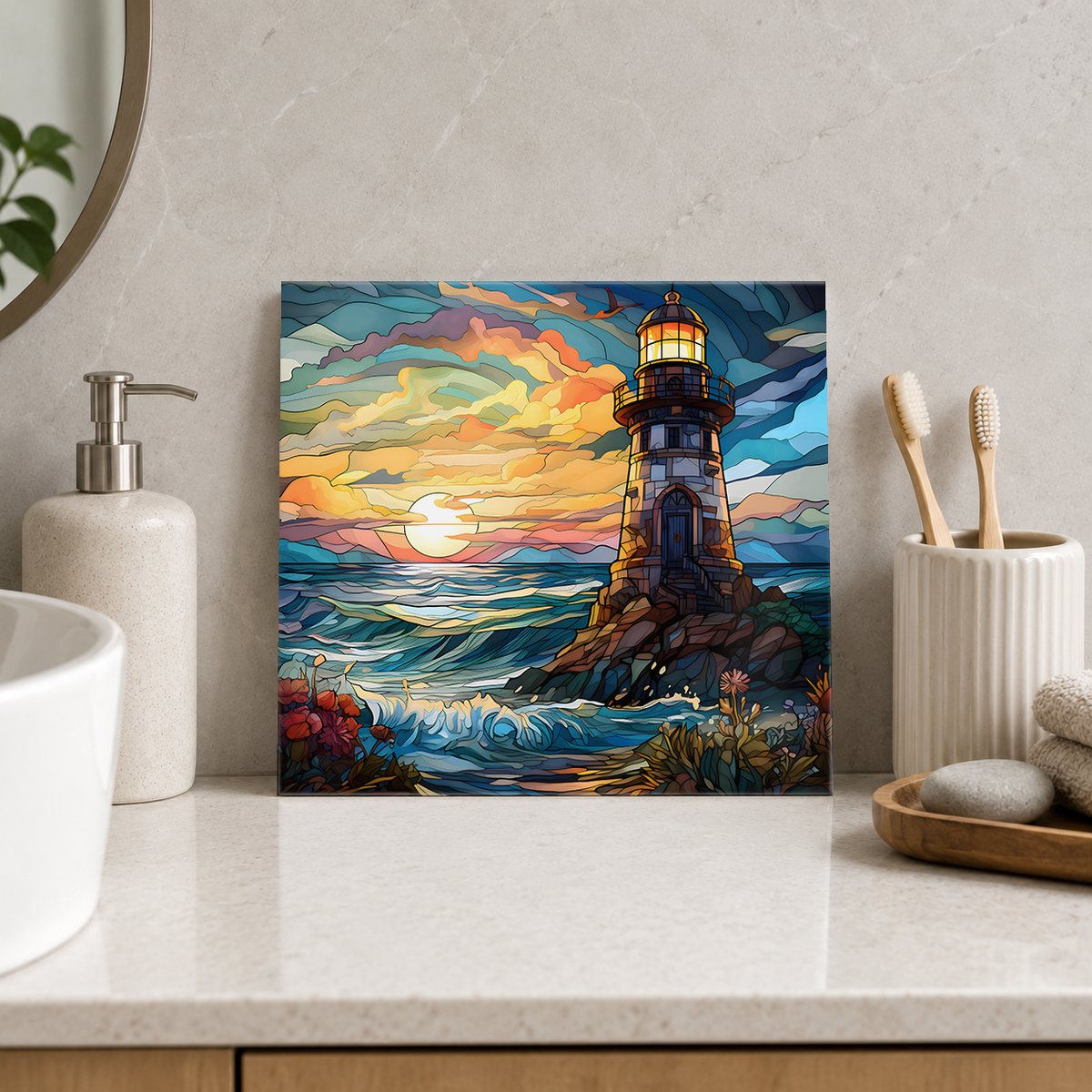 Stone Lighthouse above Breaking Waves Tile displayed in the bathroom tile mock-up