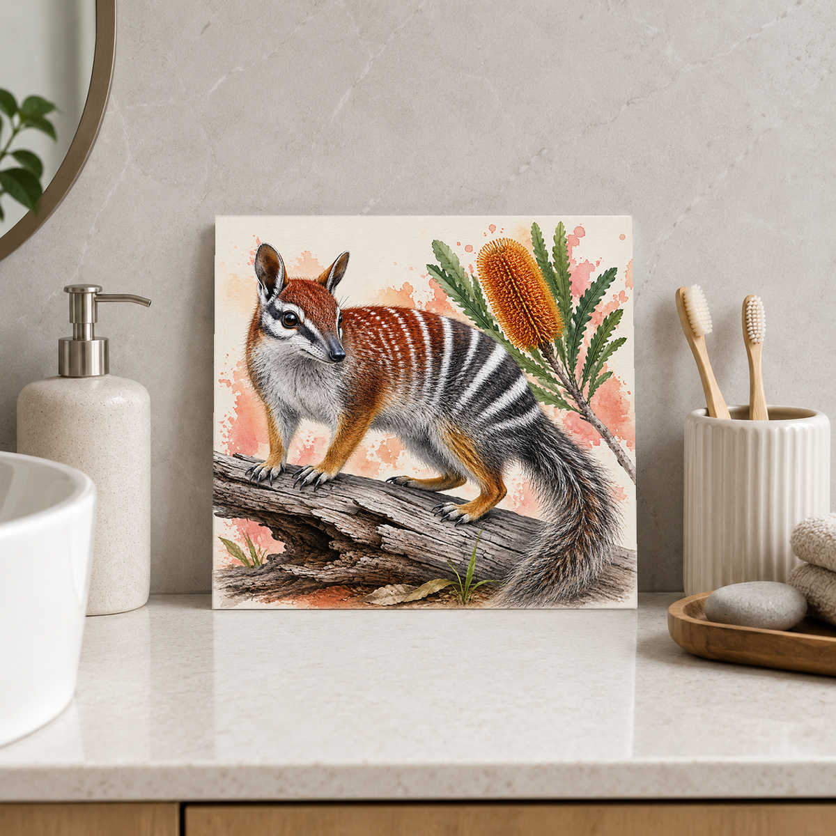 Striped Bush Numbat ceramic decorative tile in Pop Color, shown in a room mockup