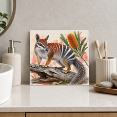 Striped Bush Numbat ceramic decorative tile in Pop Color, shown in a room mockup