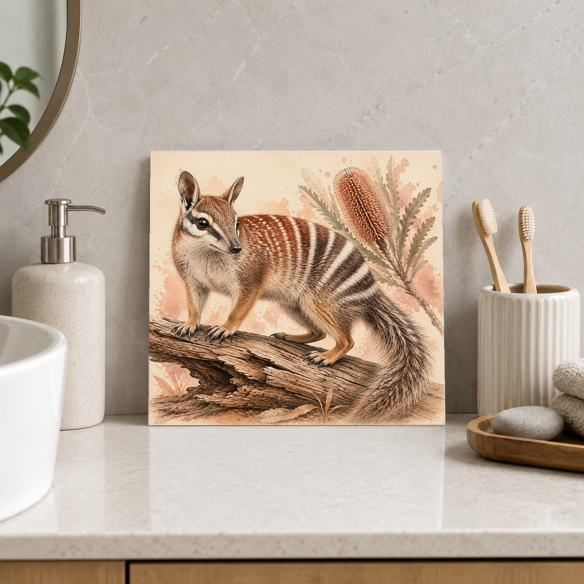 Striped Bush Numbat ceramic decorative tile in Warm Country, shown in a room mockup