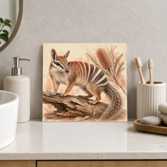 Striped Bush Numbat ceramic decorative tile in Warm Country, shown in a room mockup