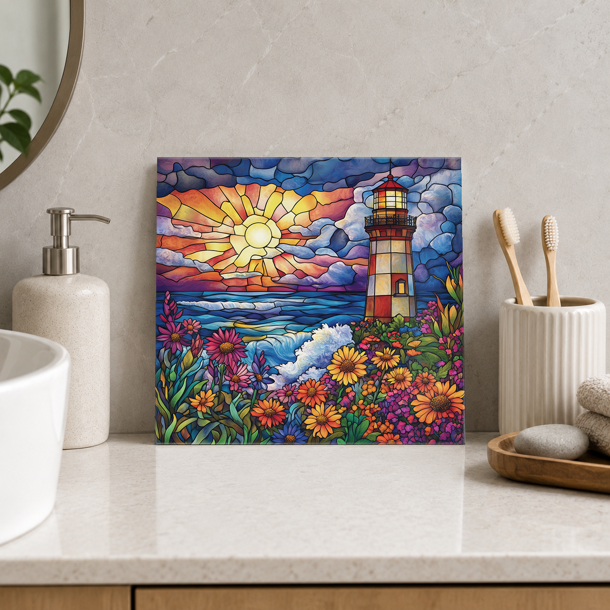 Striped Lighthouse and Daisy Shore Tile displayed in the bathroom tile mock-up