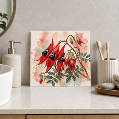 Sturt's Desert Pea ceramic decorative tile in Pop Color, shown in a room mockup