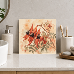 Sturt's Desert Pea ceramic decorative tile in Warm Country, shown in a room mockup