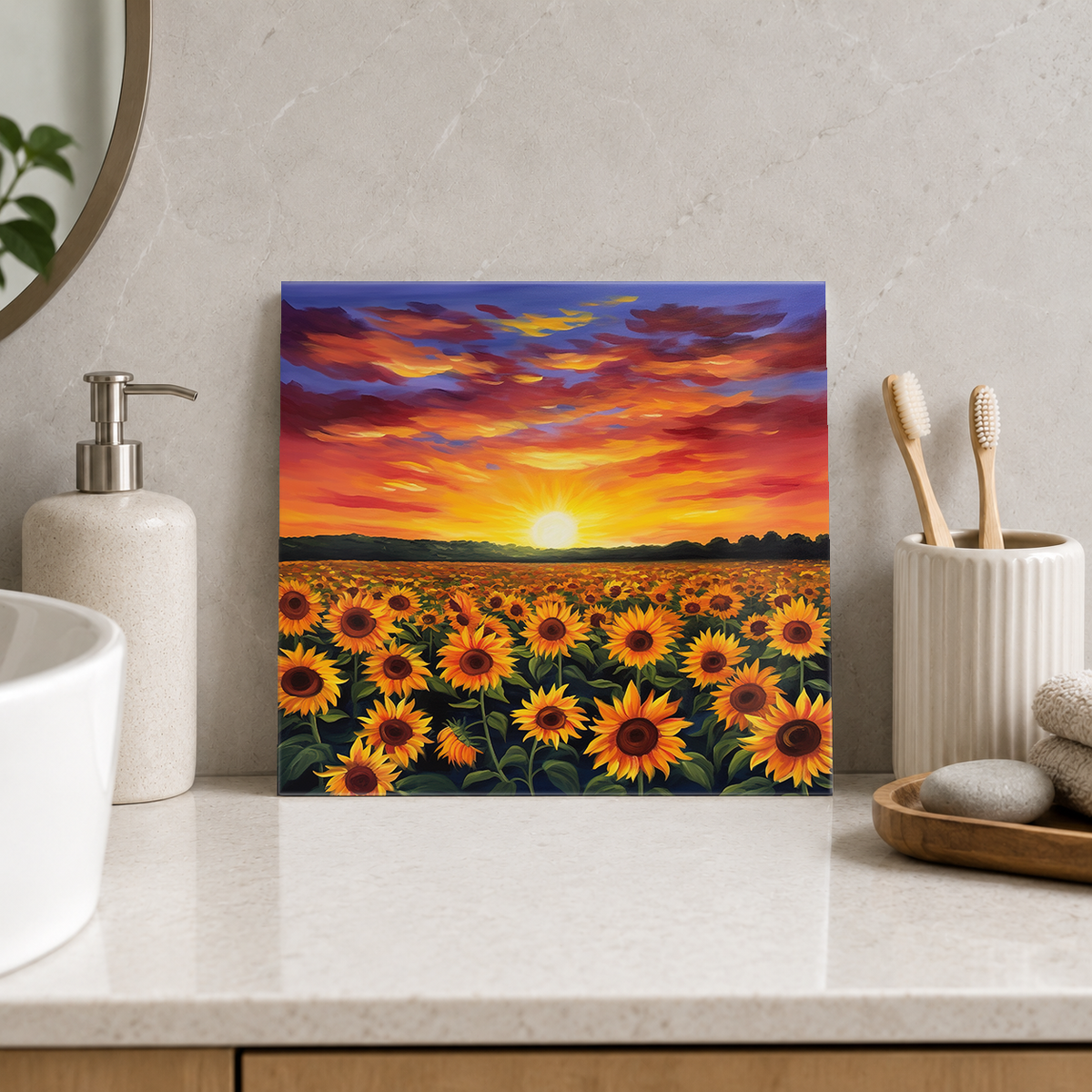 Sunflower Field beneath Fiery Clouds Tile displayed in the bathroom tile mock-up
