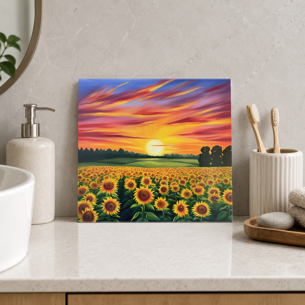 Sunflower Field beneath Pink Streaked Sunset Tile displayed in the bathroom tile mock-up