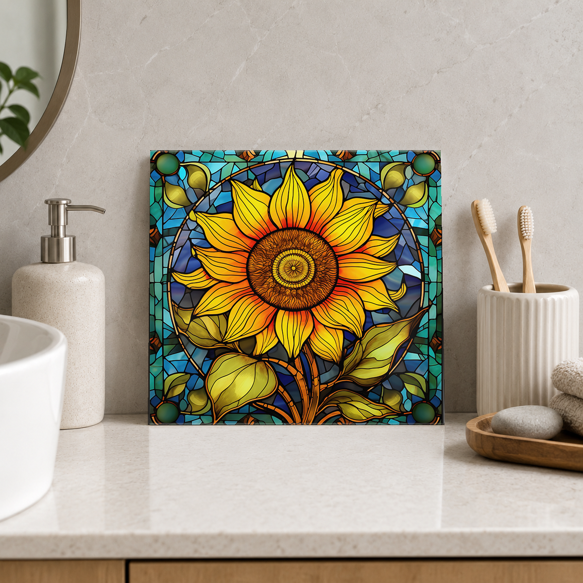 Sunflower in Cobalt Frame Tile displayed in the bathroom tile mock-up