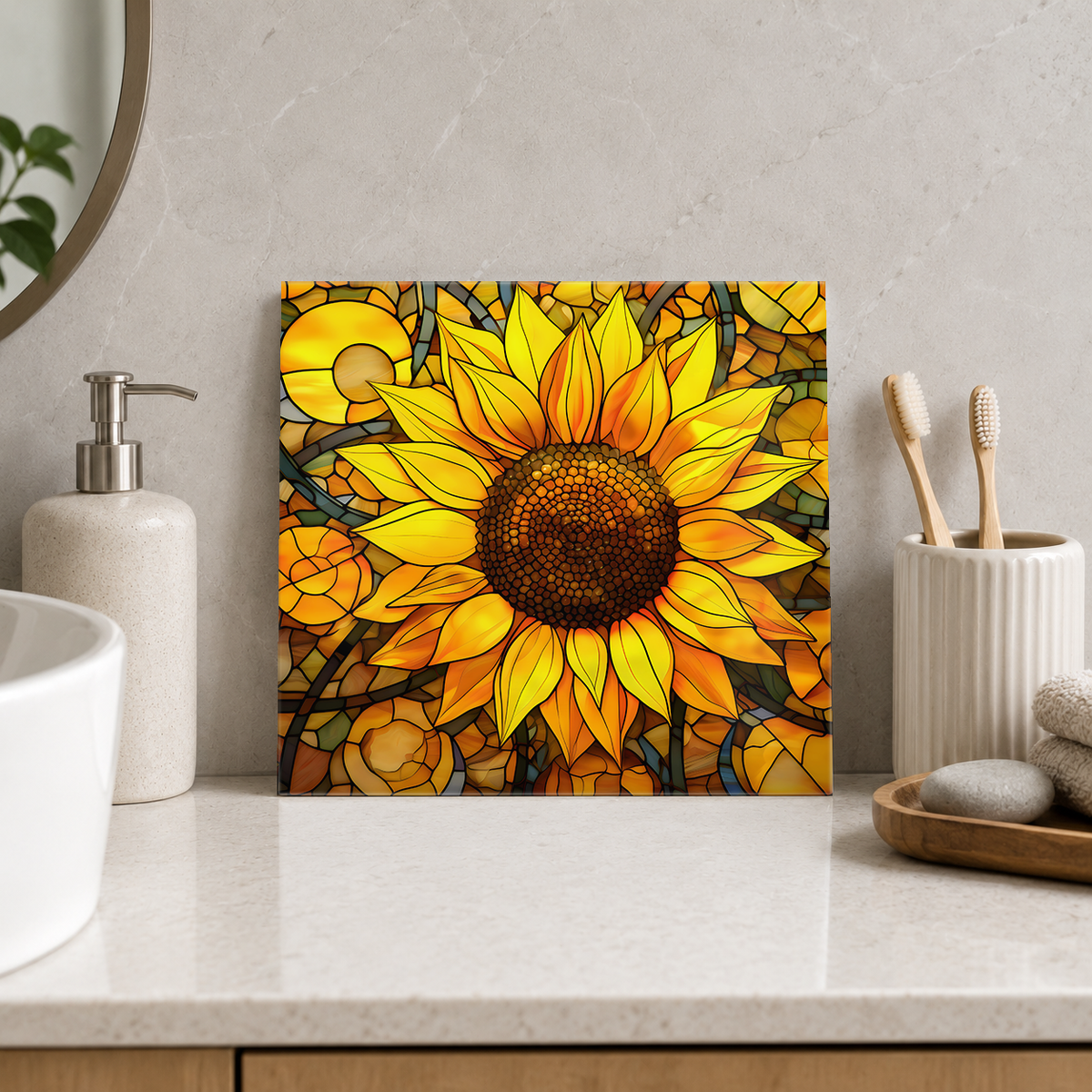 Sunflower in Golden Glass Tile displayed in the bathroom tile mock-up