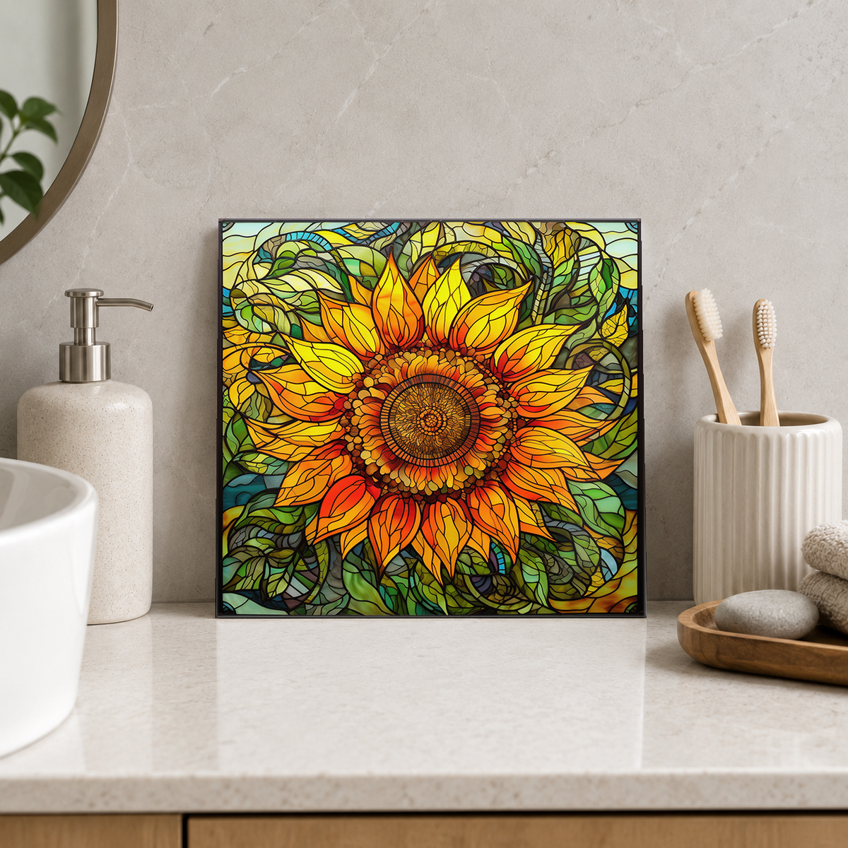 Sunflower in Leafy Mosaic Tile displayed in the bathroom tile mock-up