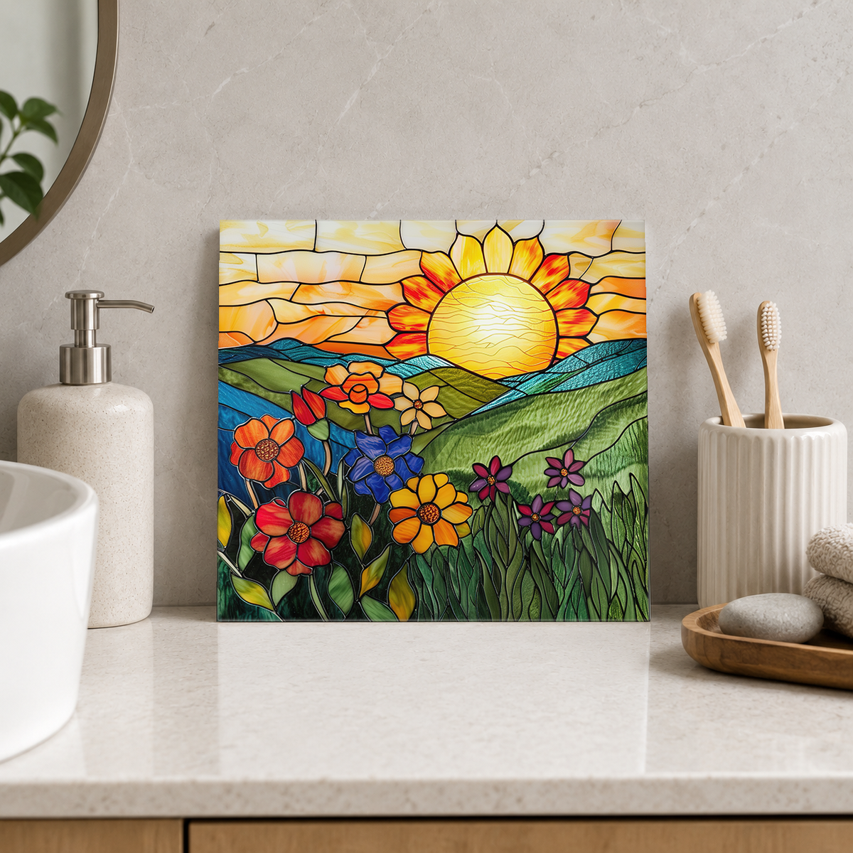 Sunflower Sun over Flower Meadow Tile displayed in the bathroom tile mock-up