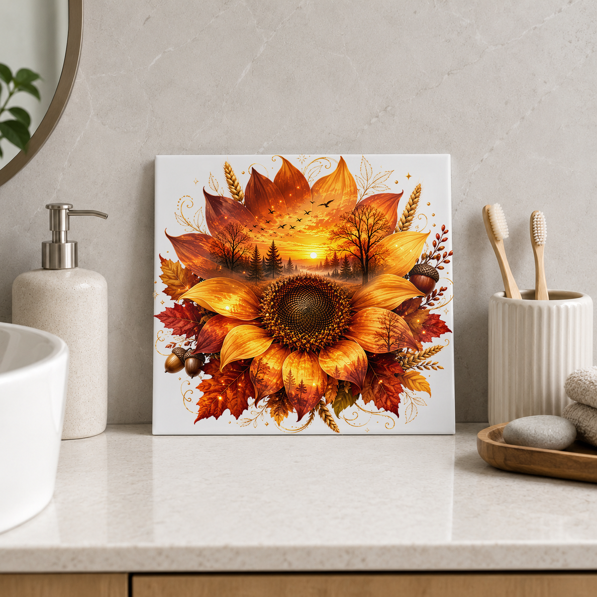 Sunflower with Autumn Sunset Tile displayed in the bathroom tile mock-up