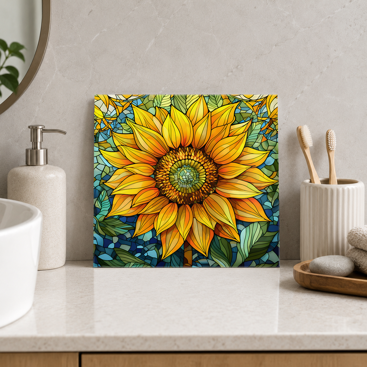 Sunflower with Green Centre Tile displayed in the bathroom tile mock-up