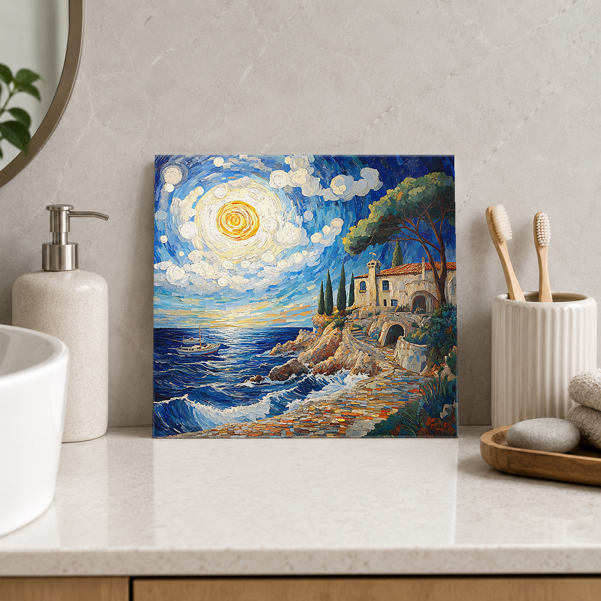 Sunlit Stone Villa above the Sea Tile displayed in the bathroom tile mock-up