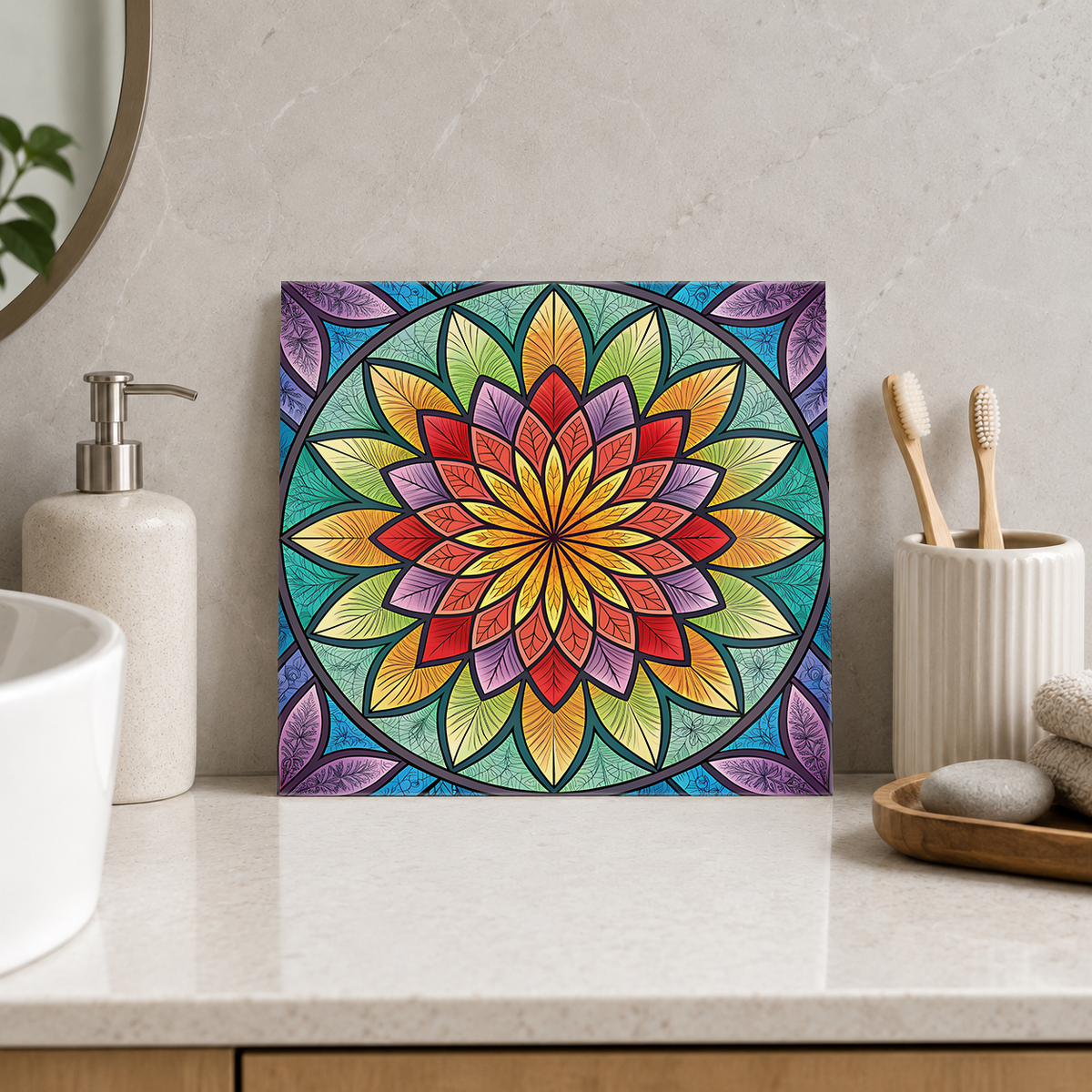 Sunset Flower in Rainbow Leaf Circle Tile displayed in the bathroom tile mock-up