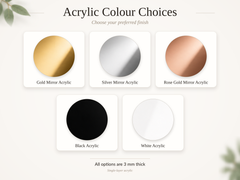 Table number acrylic colour choices: gold, silver and rose gold mirror, black and white