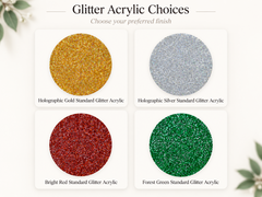Table number glitter acrylic choices: holographic gold, holographic silver, bright red and forest green