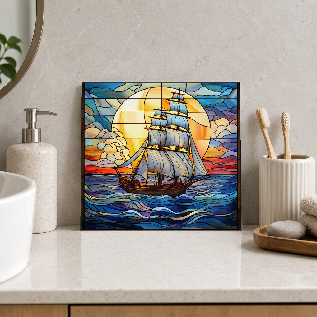 Tall Ship against Golden Moon Tile displayed in the bathroom tile mock-up