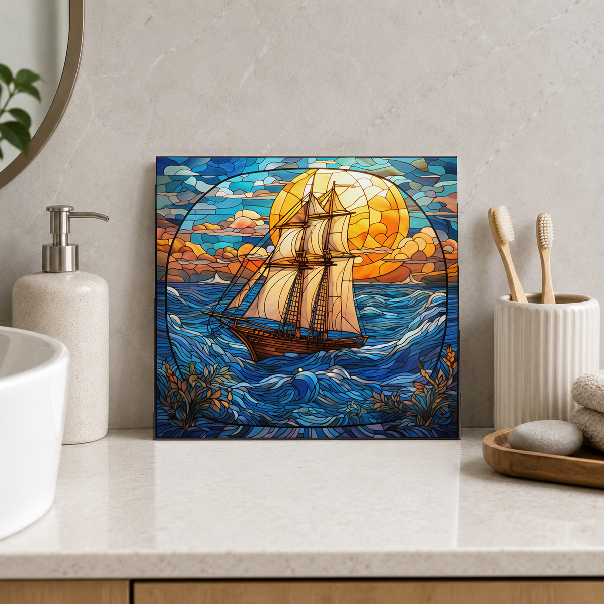 Tall Ship in Moonlit Floral Cove Tile displayed in the bathroom tile mock-up
